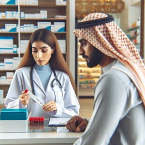 A pharmacist conducting a rapid diagnostic test (RDT) for angina in a modern pharmacy setting, with a patient looking on. The scene should illustrate a warm, professional environment with medical equipment visible.