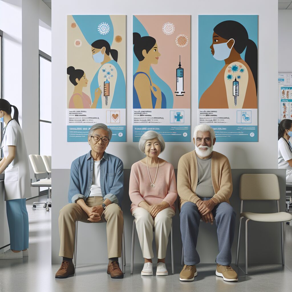 A detailed illustration showcasing a group of diverse individuals, including elderly and people with visible chronic conditions, receiving a flu vaccine in a modern medical clinic, with posters about flu prevention on the walls.