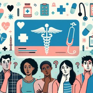 An illustration showing diverse people puzzled or unaware in front of a medical access card symbolizing health coverage, with an abstract background of medical symbols and community support, in a modern, informative style.