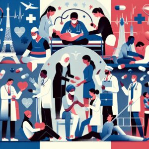 Illustration showing diverse group of people benefiting from health care services in France, representing the concept of solidarity in health insurance. Background includes medical symbols and French emblematic colors of blue, white, and red.