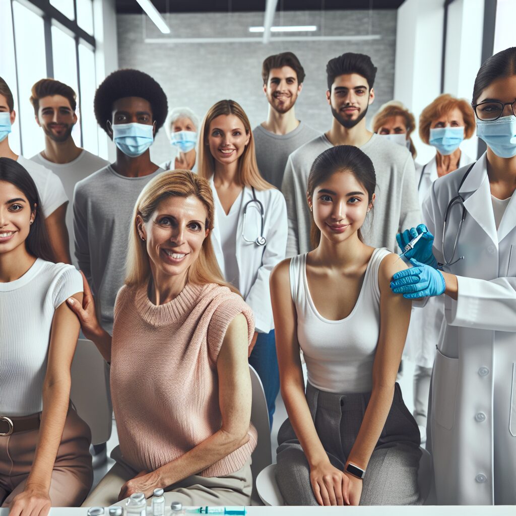 A diverse group of people, including individuals with visible signs of chronic illness, receiving a flu vaccine shot in a doctor's office. The setting is modern and clean, with a healthcare professional administering the vaccine. Emphasize inclusivity and healthcare in action.