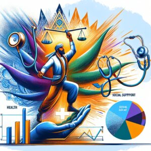 A depiction of an independent worker balancing health and work, including symbols like a stethoscope, a business chart and a supportive figure representing social support, vibrant and inspiring, digital illustration.