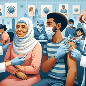 An illustration showing a diverse group of people, young and old, receiving flu vaccines in a clinic. The image conveys a sense of community health and protection, emphasizing the importance of vaccination for those with chronic illnesses.