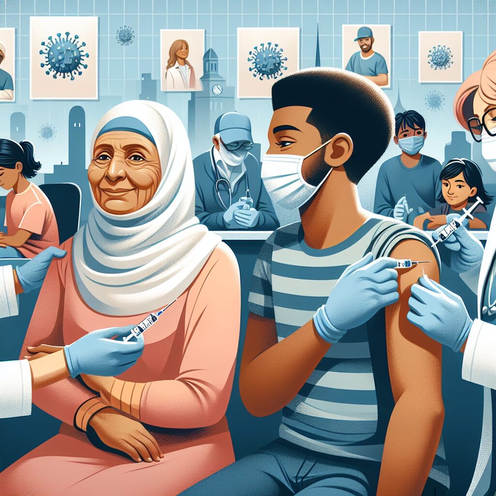 An illustration showing a diverse group of people, young and old, receiving flu vaccines in a clinic. The image conveys a sense of community health and protection, emphasizing the importance of vaccination for those with chronic illnesses.