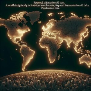 A dramatic depiction of the global impact of HIV/AIDS, showing a map with highlighted regions affected by budget cuts, with symbolic illustrations of broken aid connections and vulnerable populations.