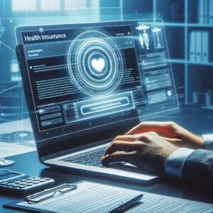 A person checking their email on a laptop, with a visible notification from the French Health Insurance about payment details. The setting is modern and professional, reflecting both technology and healthcare.