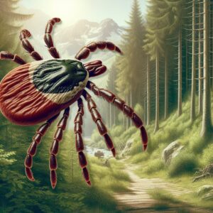 Illustration montrant une tique dans un environnement naturel, avec des zones boisées, représentant le risque de transmission de l'encéphalite à tiques en France, en style réaliste et détaillé.