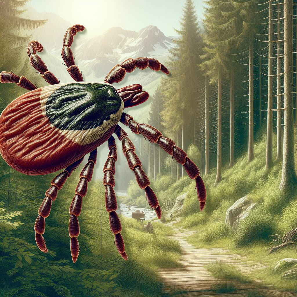 Illustration montrant une tique dans un environnement naturel, avec des zones boisées, représentant le risque de transmission de l'encéphalite à tiques en France, en style réaliste et détaillé.