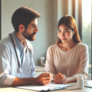 Un médecin conseillant un patient adulte dans un cabinet médical moderne, illustrant une consultation axée sur les conseils de santé plutôt que sur les médicaments, avec une ambiance lumineuse et bienveillante.