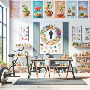 An illustration depicting a doctor's office with a focus on non-medicinal treatments like healthy lifestyle recommendations, exercise equipment, and natural remedies, symbolizing an alternative to traditional medication.