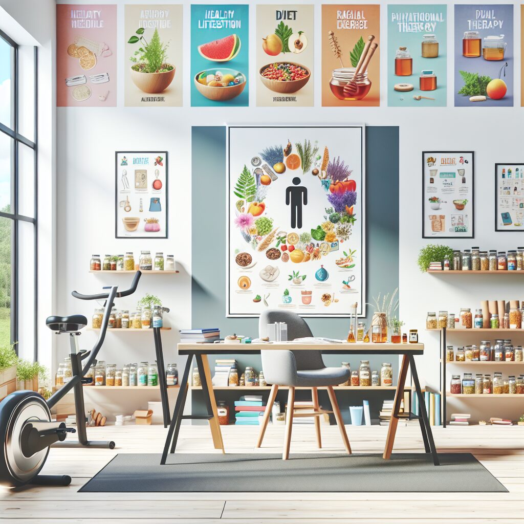 An illustration depicting a doctor's office with a focus on non-medicinal treatments like healthy lifestyle recommendations, exercise equipment, and natural remedies, symbolizing an alternative to traditional medication.