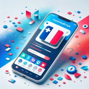 Smartphone displaying a digital health card app interface, with vibrant colors, modern design, and a French health insurance theme.