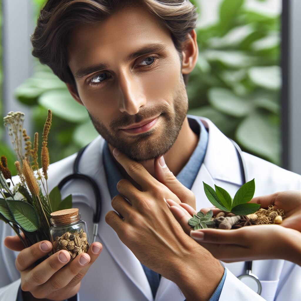 A thoughtful doctor holding different herbal and natural remedies, symbolizing alternatives to conventional medications. The image should convey a sense of consideration and care, with elements of nature such as green leaves or herbal plants.
