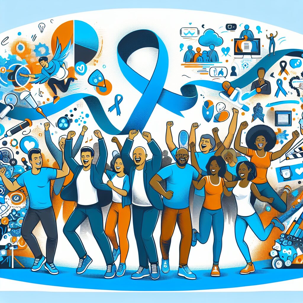 A dynamic illustration showing a diverse group of people engaged in activities promoting mental health awareness for diabetes; a backdrop of interactive events and symbolic elements of World Diabetes Day, such as blue circles and ribbons.