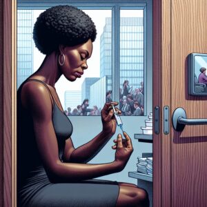 An illustration depicting a woman in an office bathroom, discreetly administering a medical injection, with a subtle overlay of a busy office environment outside, highlighting the theme of hidden struggles at work.