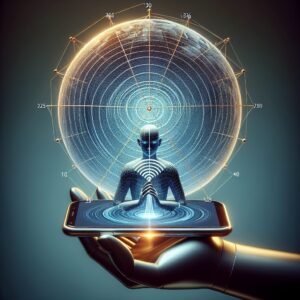 A scientific illustration depicting radiofrequency waves from a smartphone, with a human silhouette showing no visible harm, symbolizing safe usage, in a modern, digital style.