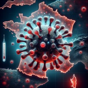 A detailed illustration of the influenza virus with a French map in the background, highlighting regions affected by the seasonal flu. The image should convey a sense of health awareness and urgency in preventing the spread of the virus.