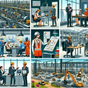 Un employé de bureau regardant un documentaire sur l'écran d'un ordinateur, montrant des scènes industrielles et des illustrations médicales, ambiance professionnelle et éducative.