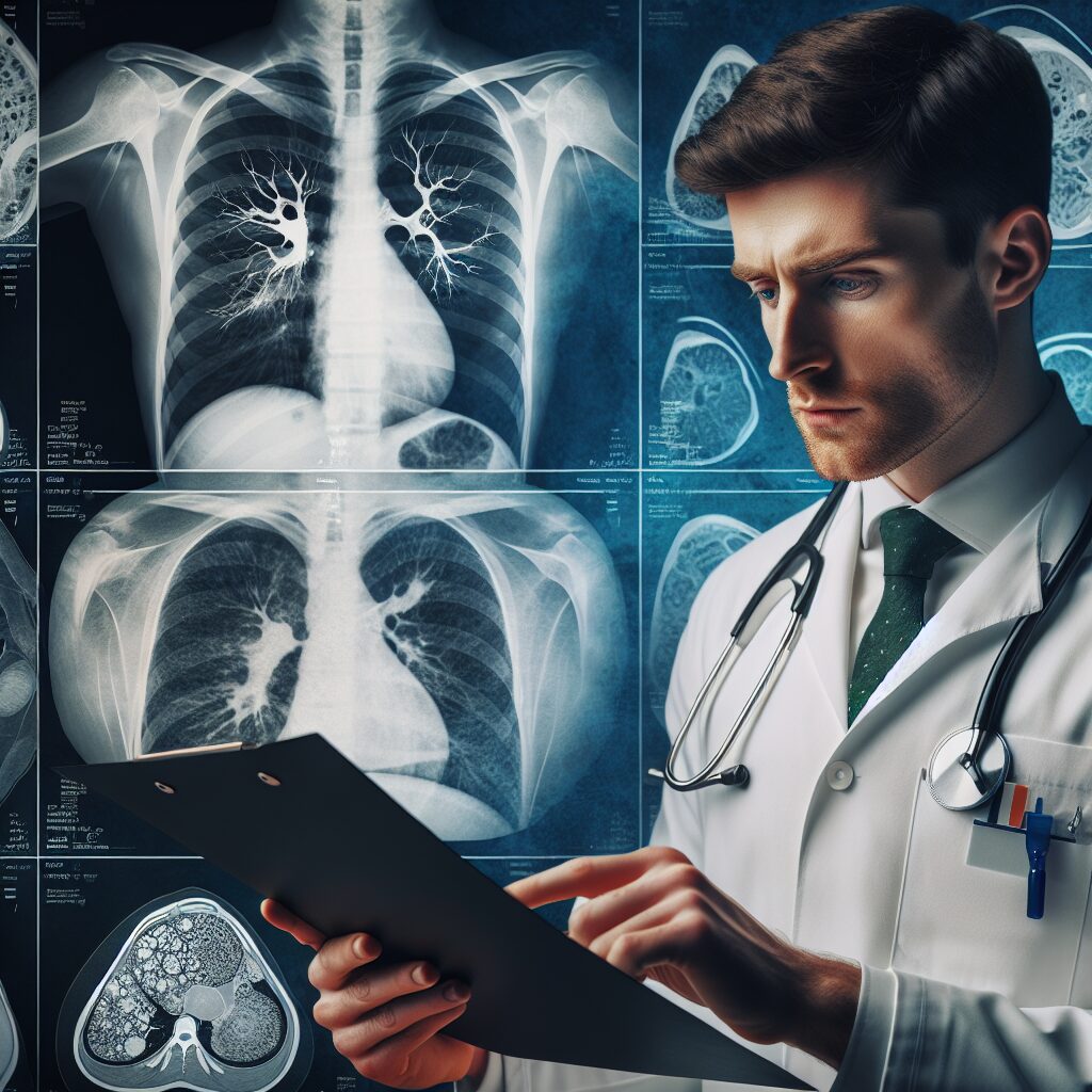 Un médecin irlandais examinant des résultats d'imagerie médicale dans un hôpital moderne, avec des illustrations de poumons et de tissus en arrière-plan, ambiance sérieuse et professionnelle.