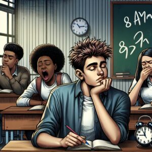 An illustration of a sleepy teenager in a classroom, early morning, with a clock showing 8 am. The teenager looks tired and yawning, while other students around also appear sluggish. Classroom setting with desks, chairs, and a chalkboard in the background.