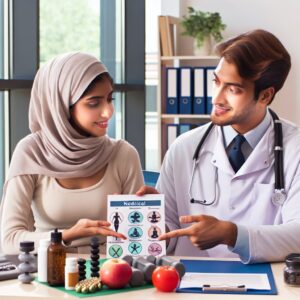 An illustrative image depicting a doctor's office with a patient and doctor discussing non-medicinal treatments. The doctor is showing a range of alternative therapies like exercise, diet, and relaxation techniques, emphasizing a natural approach to healing. The setting is friendly and informative, suggesting trust and professionalism in a healthcare environment.