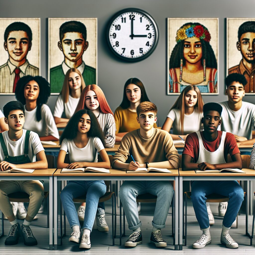 A classroom setting with teenage students looking relaxed and attentive, showing a clock displaying 9:00 AM on the wall, symbolizing the change to later school start times.