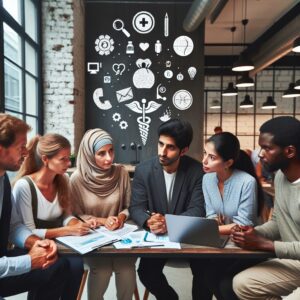 A diverse group of freelance professionals like artisans, shop owners, and freelancers, engaging in consulting services related to health and business protection. They are discussing with a health insurance advisor, surrounded by medical symbols and business icons. The setting should be collaborative and professional, emphasizing unity and support in a modern office environment.