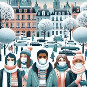 Illustration d'un paysage urbain français sous la froidure hivernale, avec des gens portant des masques et des écharpes, symbolisant la vigilance contre la grippe saisonnière.