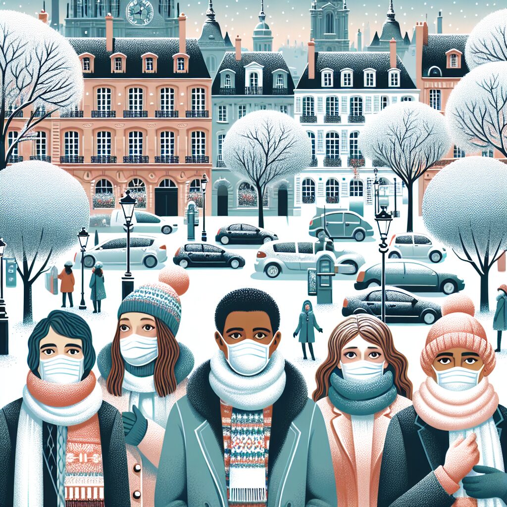 Illustration d'un paysage urbain français sous la froidure hivernale, avec des gens portant des masques et des écharpes, symbolisant la vigilance contre la grippe saisonnière.