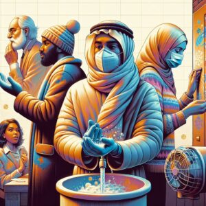 Winter health protection, people wearing masks, washing hands, ventilating rooms, cold season, public health campaign, preventive measures illustrated