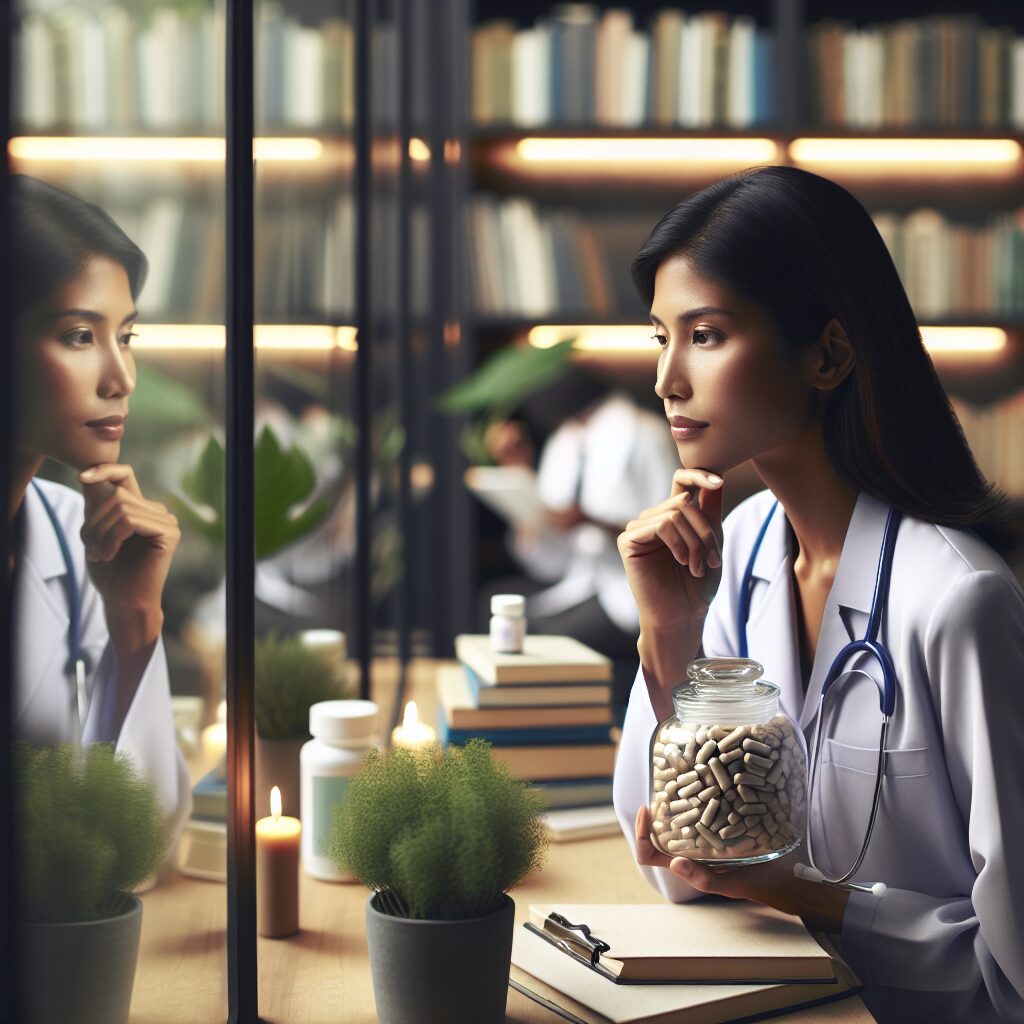 A thoughtful doctor contemplating alternative treatments to medication, symbolizing the shift towards less pharmaceutical dependency. The doctor is in a modern office with soft lighting, surrounded by medical books and plants, depicting a calm and reflective atmosphere.