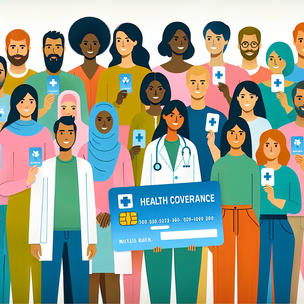 An illustrative image of a diverse group of people holding health coverage cards, symbolizing access to health benefits. The setting is a friendly healthcare environment, showing inclusivity and support for all ages and backgrounds.