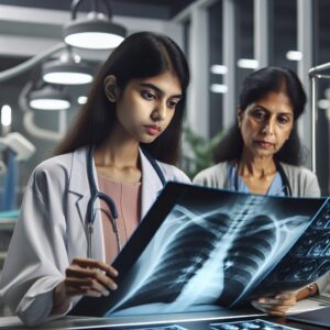 Un médecin examine attentivement un scanner radiologique dans un hôpital moderne, ambiance sérieuse et studieuse, avec des équipements médicaux en arrière-plan, éclairage fluide et réaliste.