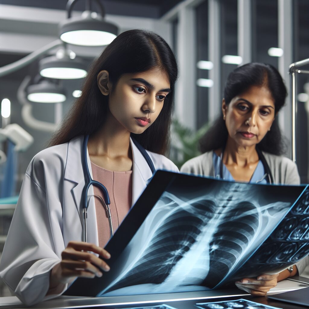 Un médecin examine attentivement un scanner radiologique dans un hôpital moderne, ambiance sérieuse et studieuse, avec des équipements médicaux en arrière-plan, éclairage fluide et réaliste.