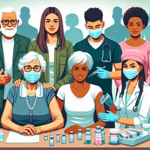 An illustration of a diverse group of people, including seniors, young adults, and healthcare workers, receiving flu vaccinations in a community clinic setting. The atmosphere should convey health awareness and community support with medical supplies visible around.