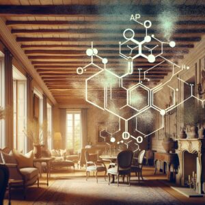 An interior of a typical French home showing visible dust particles floating in the air, with a subtle overlay of chemical structures symbolizing pesticides, in soft muted tones reflecting a concern for health and environment.