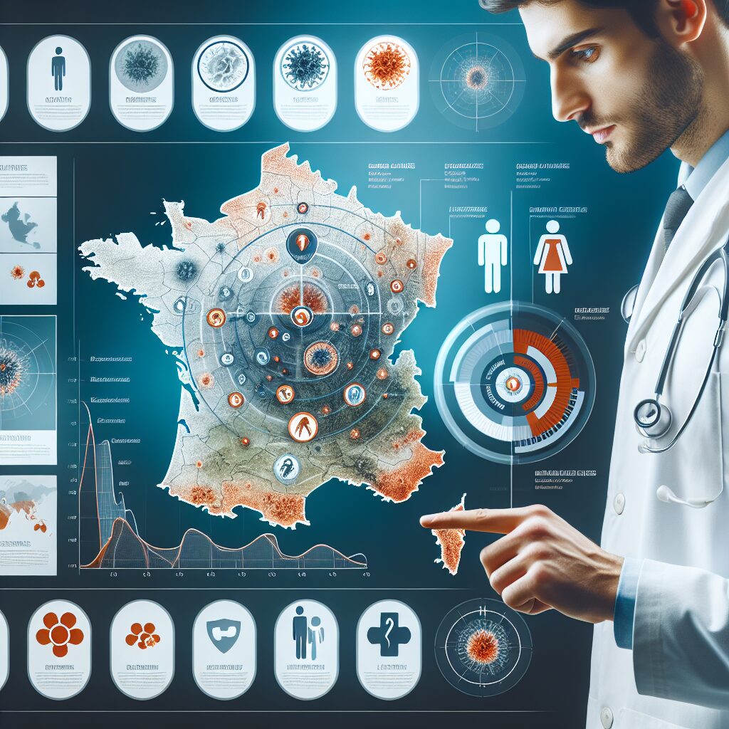 A detailed and informative illustration showing the progression of seasonal flu in France, depicting regions with varying flu activity, and including elements like a healthcare professional, a map of France, and icons representing flu symptoms.