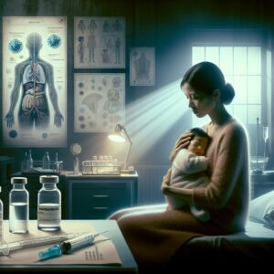 A worried mother with her infant in a serene hospital setting, symbolizing safety and care; scientific elements like a vaccine vial and the respiratory system in the background, evoking a theme of medical protection against bronchiolitis.