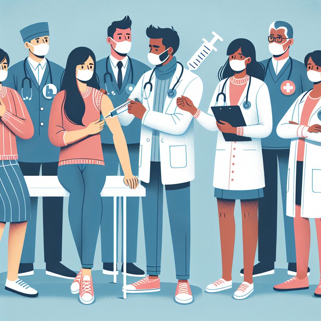 An illustration depicting a diverse group of people with chronic illnesses, such as asthma and diabetes, receiving a flu vaccine in a healthcare setting. The scene should convey a sense of wellbeing and protection, with medical professionals assisting and guiding them.