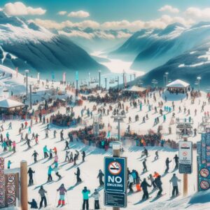 Ski resort in winter with signs indicating smoking banned, people enjoying winter sports, snow-covered mountains in the background, bright clear sky