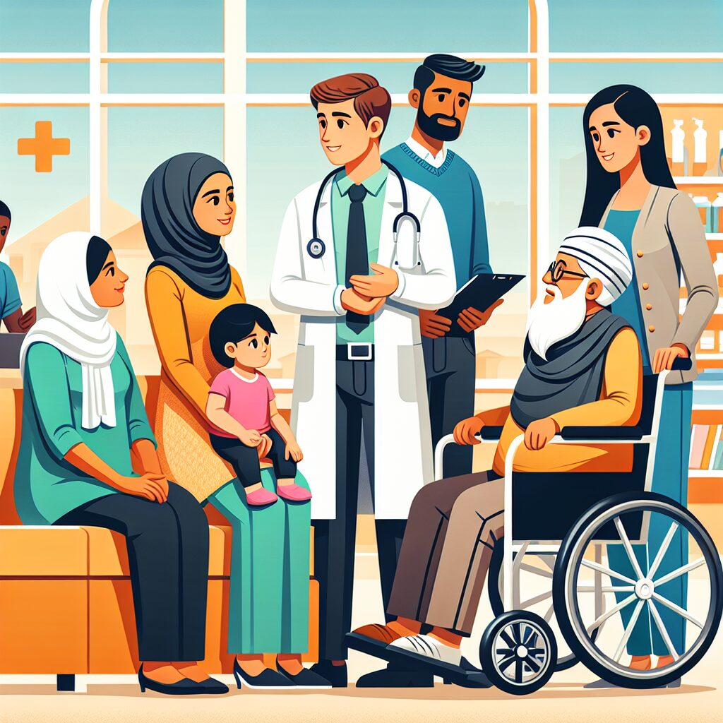 Illustration showing diverse individuals, including a young family, elderly person, and a disabled person, consulting medical professionals like a doctor and a pharmacist in a supportive and inclusive healthcare setting, emphasizing community and accessibility.