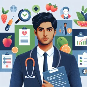 A confident independent worker, surrounded by healthy living symbols like fruits, medical check-up icons, and financial stability graphs, symbolizing the balance of maintaining good health while managing a successful business.