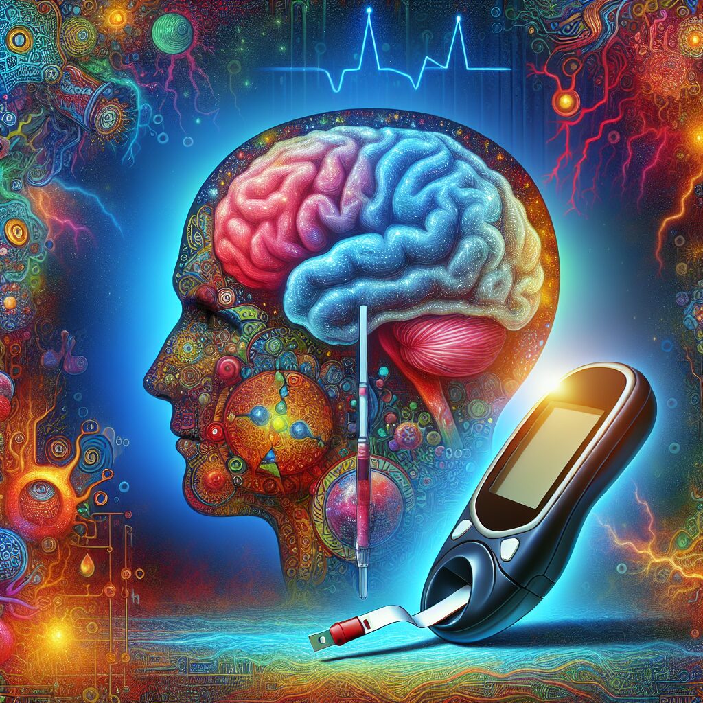 An illustration showing the human brain linked to a glucose meter, symbolizing mental health awareness in diabetes, vibrant colors, medical and scientific theme