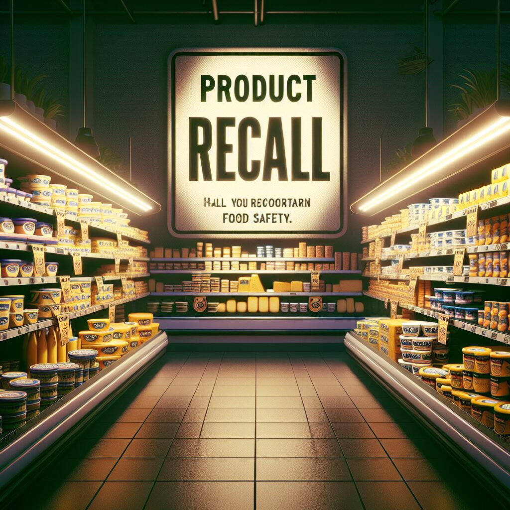 A cheese display in a supermarket with a 'Product Recall' sign prominently shown, emphasizing the importance of food safety. The image should capture a sense of urgency and caution, with a focus on cheese products.