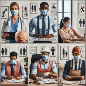 A detailed and empathetic depiction of diverse workers in various professional settings, displaying symptoms of occupational diseases, with a focus on prevention and safety measures in the workspace.