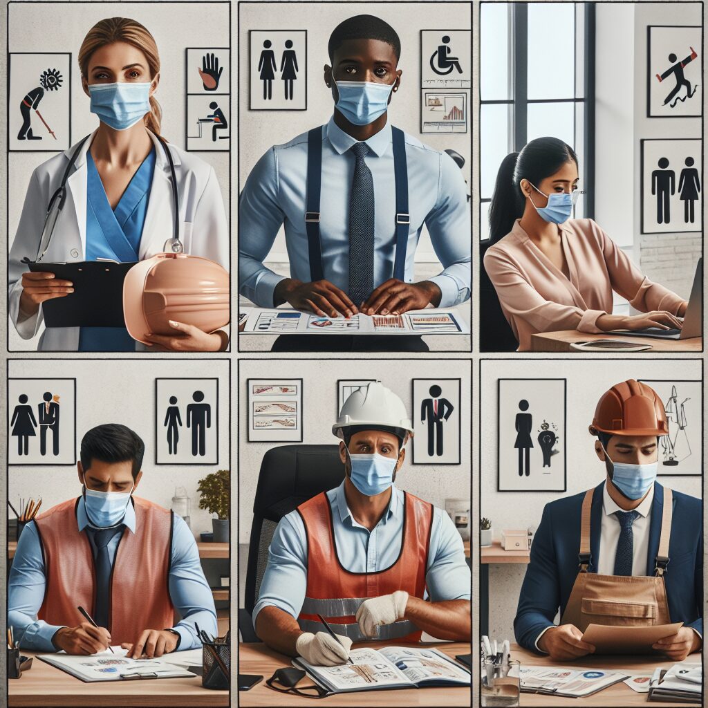 A detailed and empathetic depiction of diverse workers in various professional settings, displaying symptoms of occupational diseases, with a focus on prevention and safety measures in the workspace.