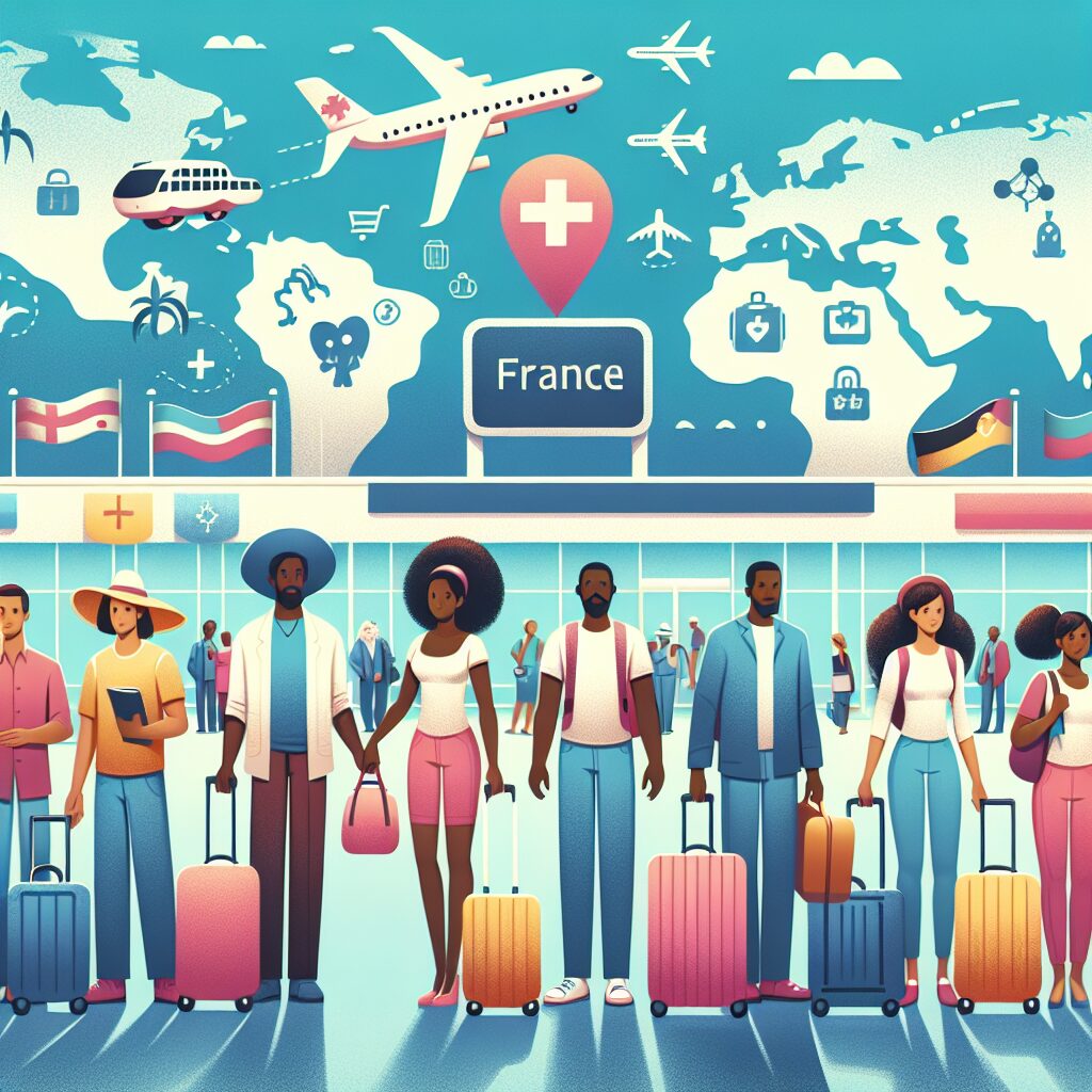 Des Antillais à l'aéroport, valises à la main, prêts à embarquer pour un vol vers la France, fond médical avec carte de l'archipel des Antilles et symboles de santé.