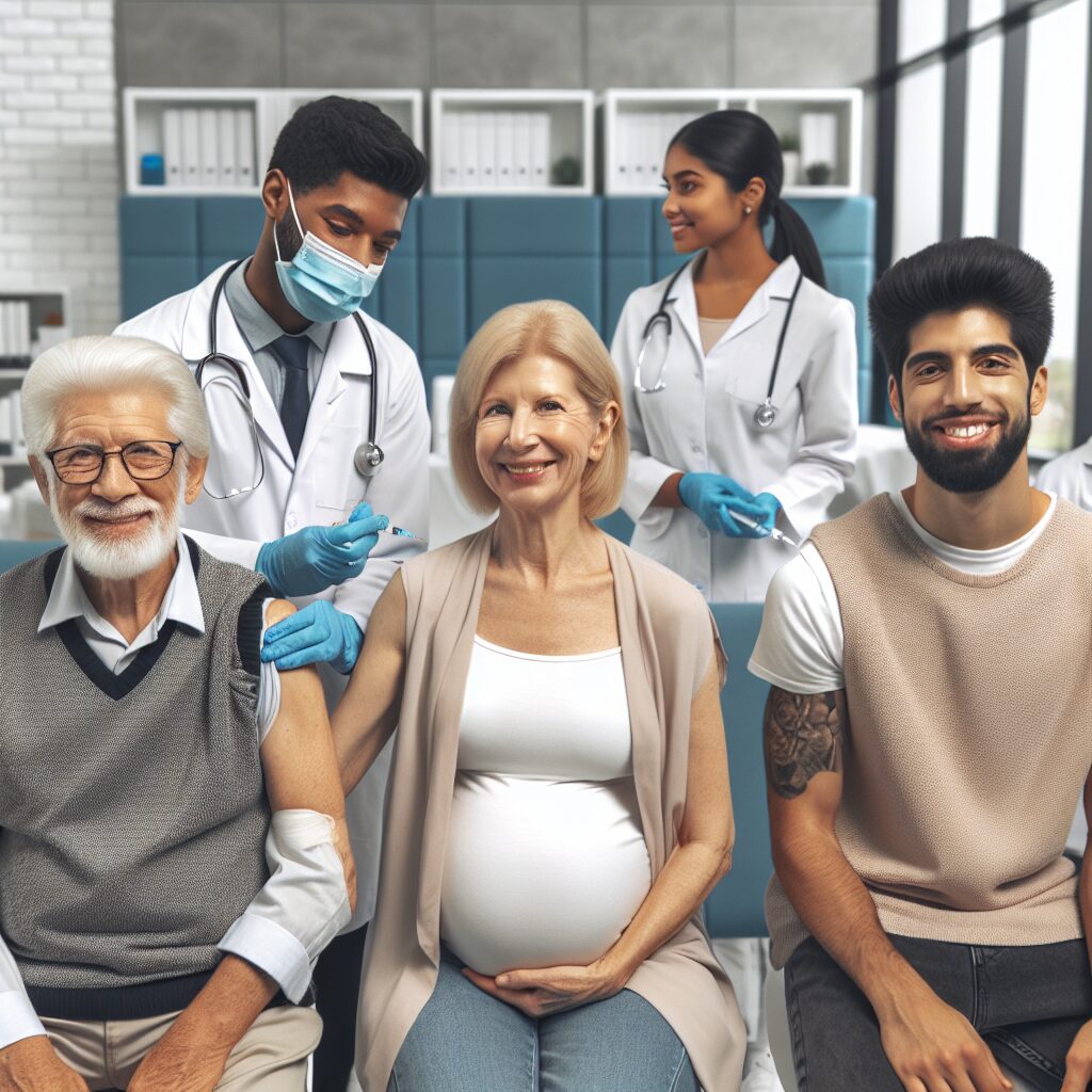 A diverse group of people, including seniors, pregnant women, and healthcare professionals, getting vaccinated in a healthcare setting. They are smiling and looking reassured, with medical staff in the background. The environment is friendly and clean, reflecting a positive atmosphere.