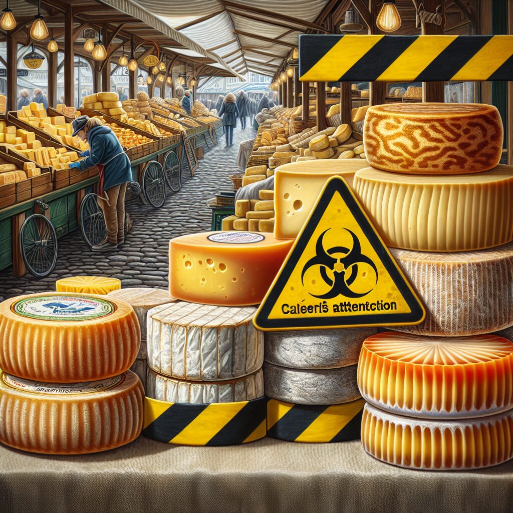 Cheese wheels in a traditional French market, with a focus on Reblochon cheese, accompanied by a caution tape and a visible E. coli bacteria symbol in the background, in a realistic style.