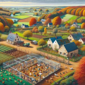 A detailed image of rural French landscapes with a focus on farm areas where chickens and other birds are seen safely enclosed, illustrating the preventative measures taken to combat the avian flu outbreak in Marne, with a backdrop of autumn foliage.